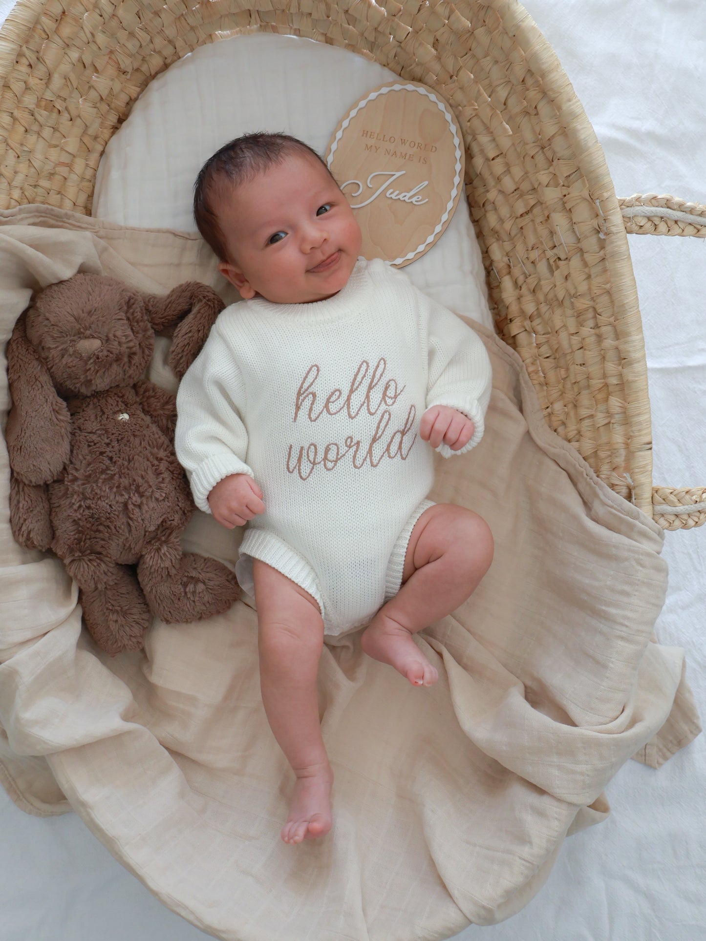 Hello World L/S Romper - White/Mocha