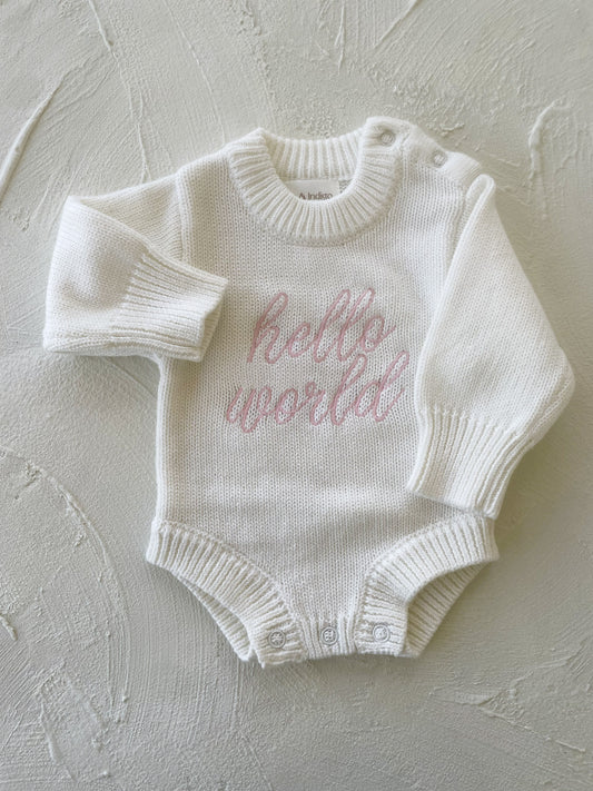 Hello World L/S Romper - White/Pink
